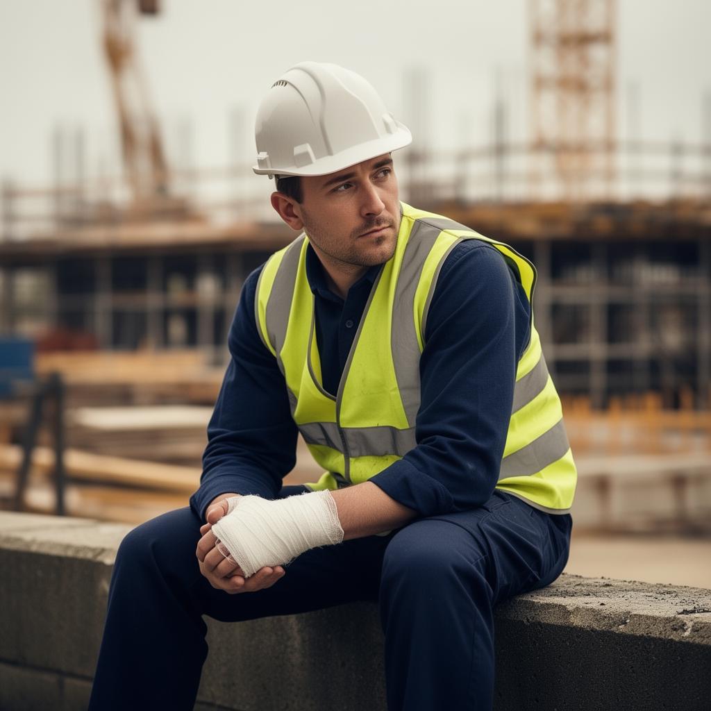 Construction worker with bandaged wrist sitting outside a UK worksite, considering an accident at work compensation claim